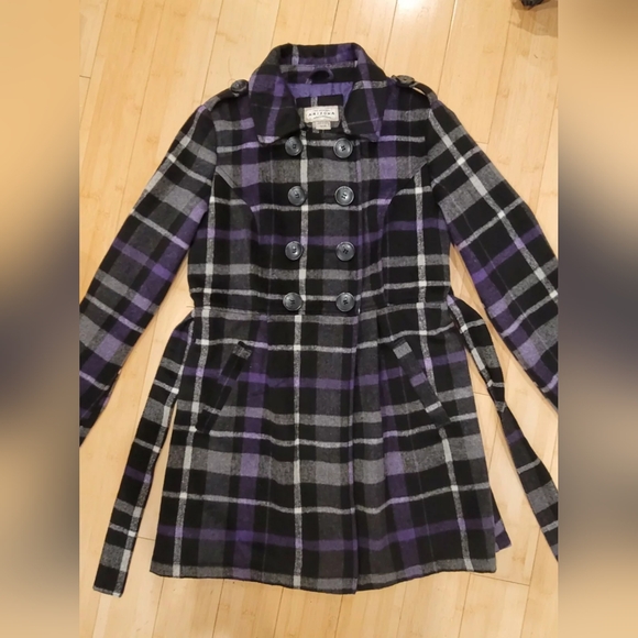 Arizona purple plaid double breasted black button up belted jacket coat S - Picture 8 of 9